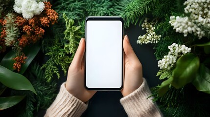 Close up woman holding and showing a mobile phone with blank white screen for copy space, advertisement, app or website, mockup. Gadget with empty free space for mock up template