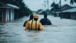 © M - Emergency responders navigating through flooded streets in rain-affected urban area, showcasing community resilience during natural disaster