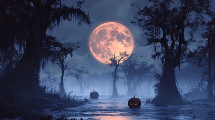 scary and spooky night in the forest with lake with pumkins. halloween illustration