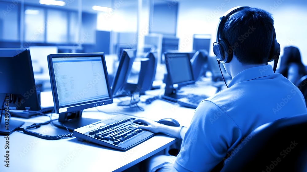 Man call center operator with headset using computer. How can I help you? call center workers in headphones are working at modern office. Online customer support. young man using a headset and compu