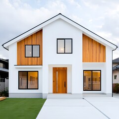 Modern minimalist home with wooden accents and large windows