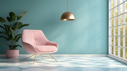 Canvas Print - Modern interior featuring a pink chair and a plant in a serene space.