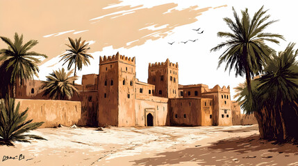 Poster - Desert landscape featuring ancient architecture and palm trees.