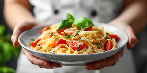 Delicious pasta with tomatoes and basil served on a plate in a cozy kitchen environment