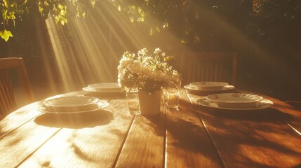 Wall Mural - Rustic Family Gathering on American Countryside - Outdoor Dining with Homemade Dishes and Fresh Flowers under Cinematic Light