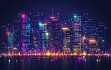 Skyscrapers covered by displays showing source code and diagrams, Night, dark blue and yellow.