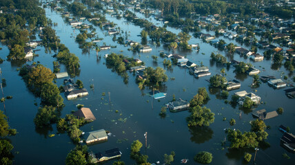 Aerial view of flooded residential area with submerged homes and trees after heavy rainfall, showcasing the impact of natural disasters