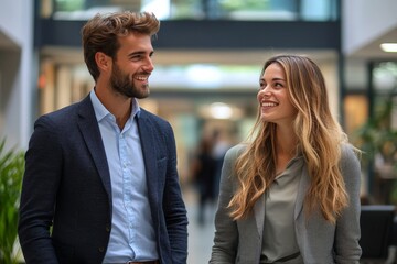 two business people discussing in office lobby, generative ai