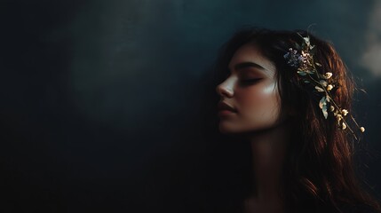 A young woman with a floral headpiece gazes thoughtfully against a dark background in an artistic portrait