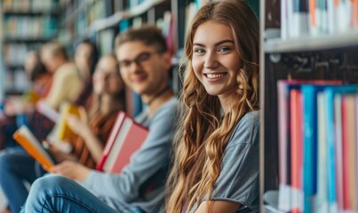 Young college students reading books in the library. Education concept.