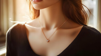 Canvas Print - Close-up of a woman wearing a delicate necklace in soft lighting.