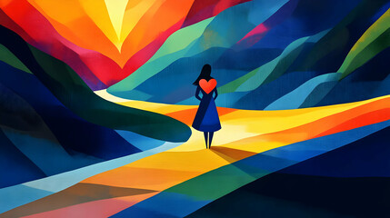 Canvas Print - A silhouette walks along a colorful path toward a vibrant sunset.