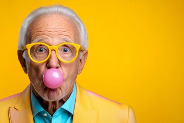 Canvas Print - Man in yellow jacket blowing a bubble. The bubble is pink and the woman is wearing yellow glasses. elderly Man blowing a pink bubble gum, wearing yellow glasses, jacket, vibrant color background,