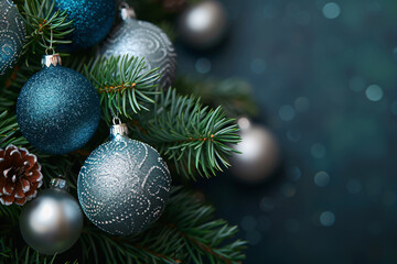 Christmas background. festive decorations hanging on christmas tree. 