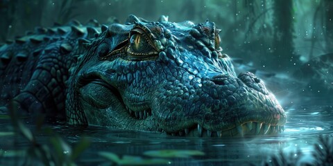 A serene crocodile resting in the tranquil waters of a mystical rainforest at dawn