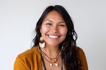 Portrait of native American smiling woman wearing traditional Indian jewelry isolated on white background