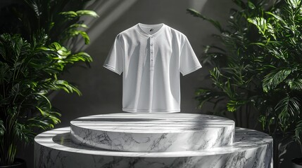 Canvas Print - A stylish white casual shirt displayed on a marble pedestal surrounded by lush green plants, creating an elegant and modern aesthetic.