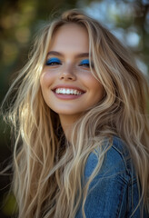 A blonde woman with blue eyes and blue eyeshadow is smiling