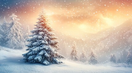 christmas tree with lights in the snowy forest