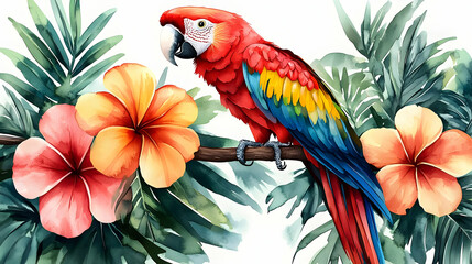 Canvas Print - Vibrant parrot perched among tropical flowers and foliage.