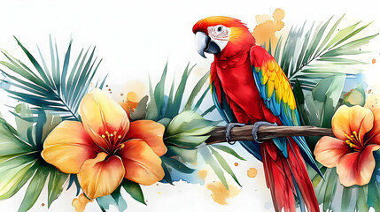 Canvas Print - Vibrant parrot perched among tropical flowers and foliage.