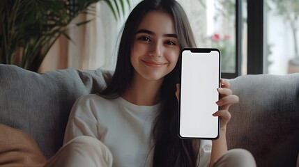 beautiful woman holding and showing a mobile phone with blank white screen for copy space, advertise