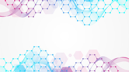 Wall Mural - modern scientific background with hexagons, lines and dots. wave flow abstract background. molecular