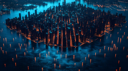 Sticker - Aerial view of a futuristic city illuminated at night.