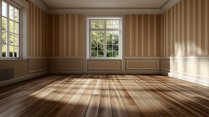 Wall Mural - Spacious room with wooden floor and striped wallpaper.