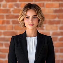 Professional woman in a sleek business attire against a brick wall