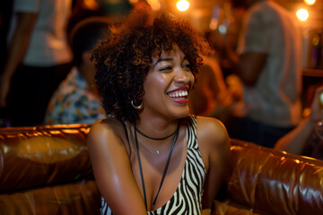 Black woman model sitting brown leather couch at a trendy nightclub wearing a leopard print dress. African american lady relaxing on a sofa party. Nighttime setting with a candid photography style