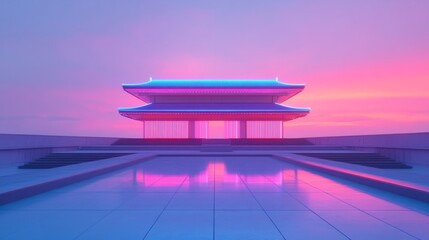 minimalist, zen temple building with an extremely minimal architecture design, neon color.