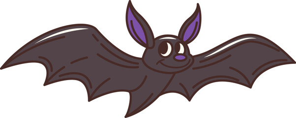 Groovy Halloween flying bat character for horror night holiday in retro cartoon, vector monster. Funny witch or vampire bat with happy face and funky smile for Halloween trick or treat party