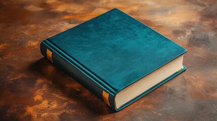 A hardcover book with a deep teal cover and a matching gold-trimmed ribbon, set on a smooth mahogany wooden table. The background is a warm terracotta color.