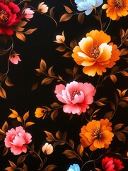 Wall Mural - floral pattern with red pink orange and blue flowers on black background
