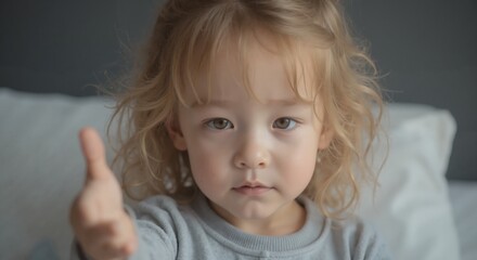 Zoe - Curious Blonde Toddler Girl with Curls Pointing Finger, Expressing Inquisitive Nature in Indoor Setting