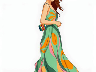 Canvas Print - A woman in a green and orange dress is walking down the street. She is carrying a handbag and has a smile on her face. The dress is flowy and colorful, giving off a cheerful and carefree vibe