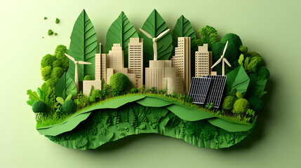 Canvas Print - Eco-friendly cityscape with greenery, wind turbines, and solar panels.