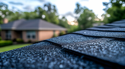 Wall Mural - Close-up of a textured roof with dew droplets at dawn.