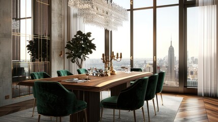 Sticker - Modern Dining Room with City Skyline View and Green Velvet Chairs