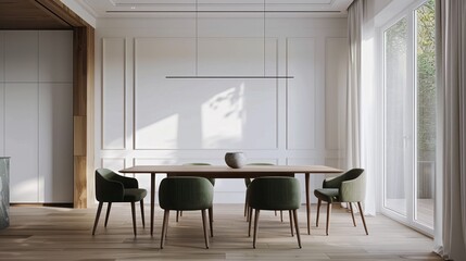 Canvas Print - Modern dining room interior with wooden table and chairs, white walls and a window overlooking a garden