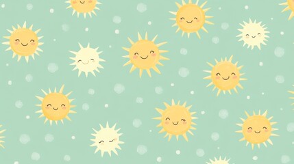 Seamless pattern with cute smiling suns on a turquoise background.