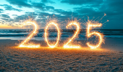 Fireworks of the number 2025 on the beach, new year concept