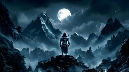 Sticker - A lone figure stands atop a mountain under a full moon, evoking mystery.