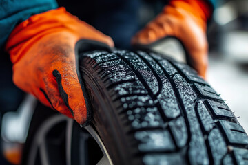 Close-up of hands holding a new winter tire with black rubber on a car wheel in a garage for car service. Mechanics are working at an auto shop, which conveys the concept of vehicle repair