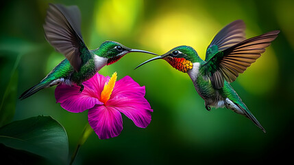 Poster - Two hummingbirds feeding near a vibrant pink flower.