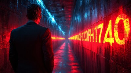 Poster - A man stands in a tunnel with red numbers on the wall