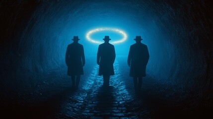 Canvas Print - Three men are walking down a dark tunnel with a glowing circle in the middle