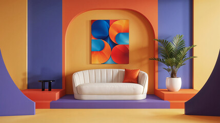 cheerful and happy mood living room idea of home decor design with colorful abstract painting art wall hanging picture, mockup idea