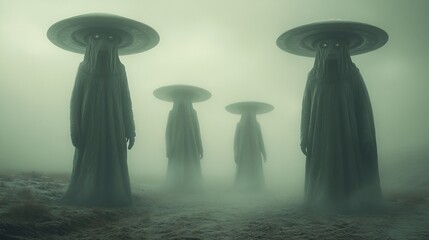 Sticker - Four statues of people with hats and long robes standing in a foggy field